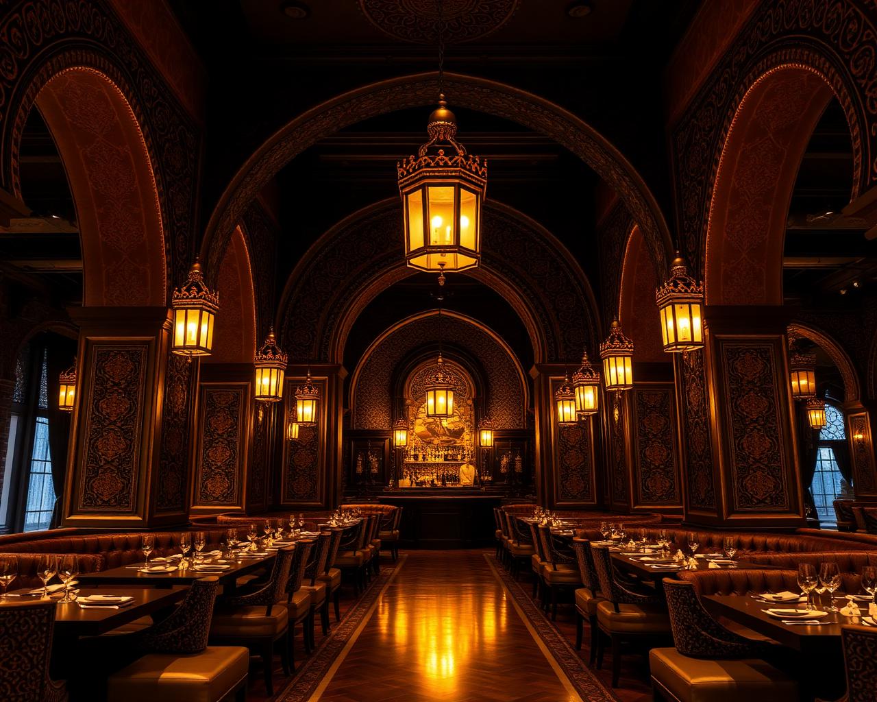 Lucknow Hotel restaurant interior with ornate arches and warm golden lighting